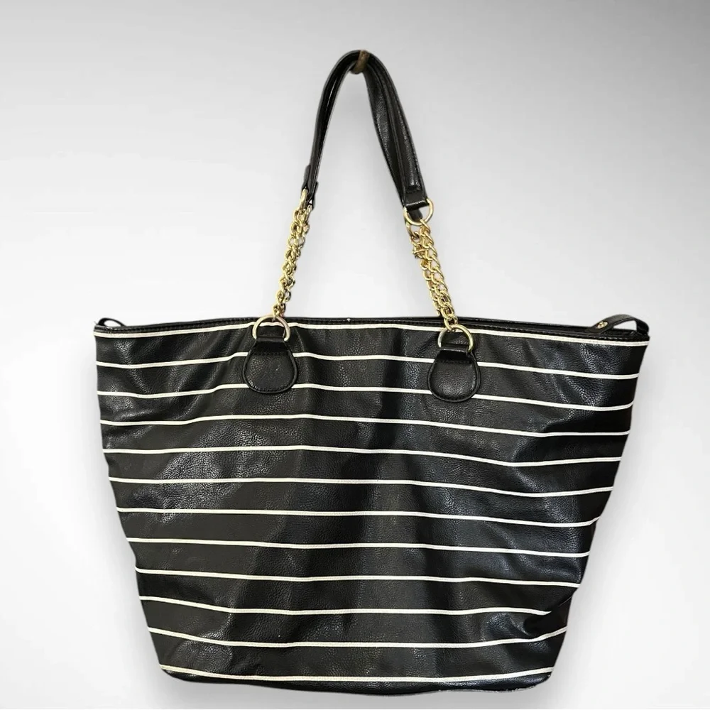 BETSEY JOHNSON Large Vegan Leather Black‎ and White Stripes Satchel Tote | EUC